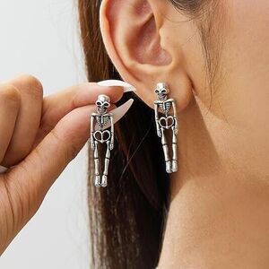 Earrings Skeleton Skull Silver Colour Metal Dangle Drop Gothic‎ Punk Horror Gift